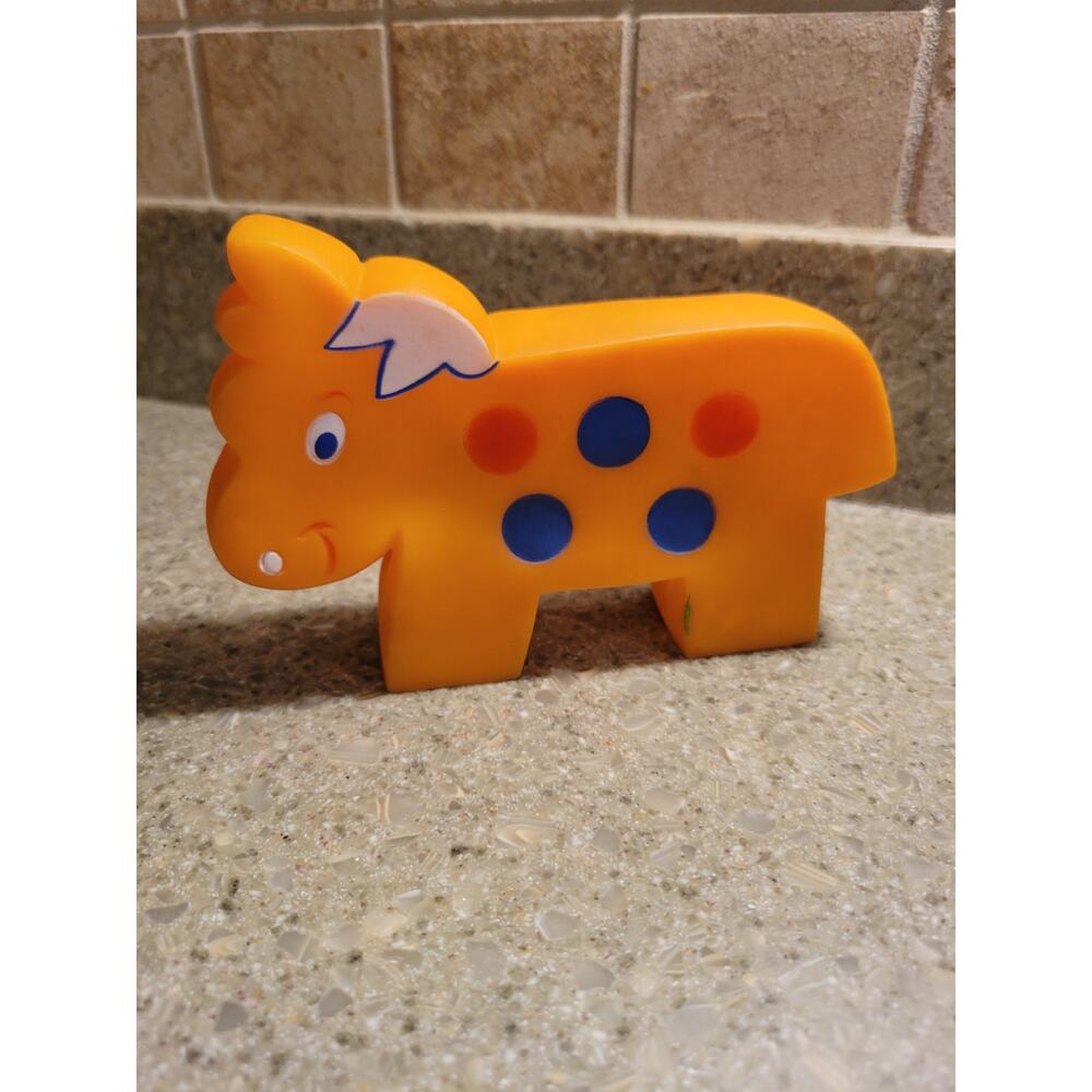 Vintage 1970s Cow Squeaky Toy Orange with Red Blue Polka Dots 5.25x3.75 Sanitoy